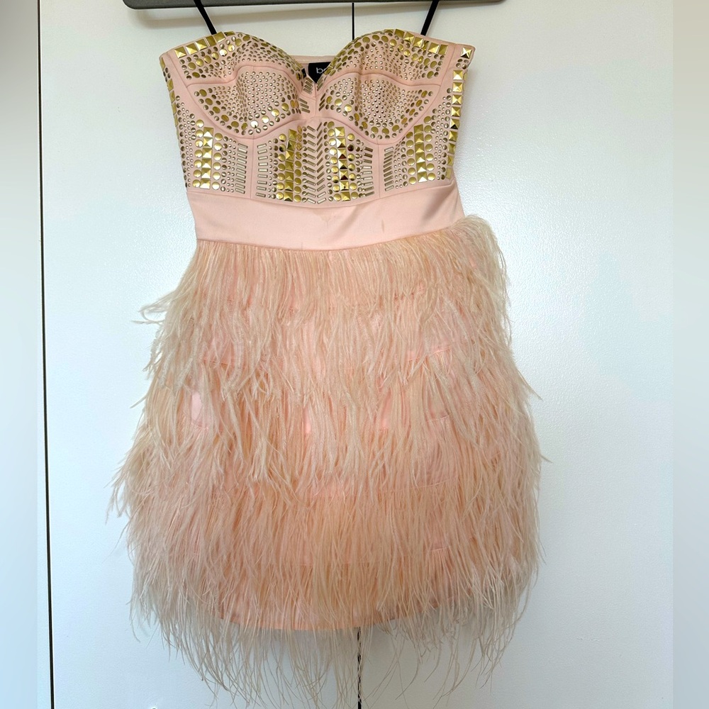 Bebe gold and peach sequin and feather dress